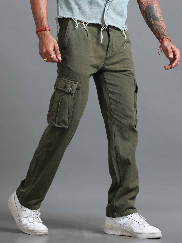 Olive Linen Cargo Pants for Men front view - Nomade Utility Linen Cargo by Italian Colony