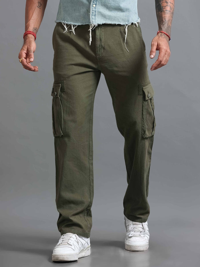 Olive Linen Cargo Pants for Men detail view - Nomade Utility Linen Cargo by Italian Colony