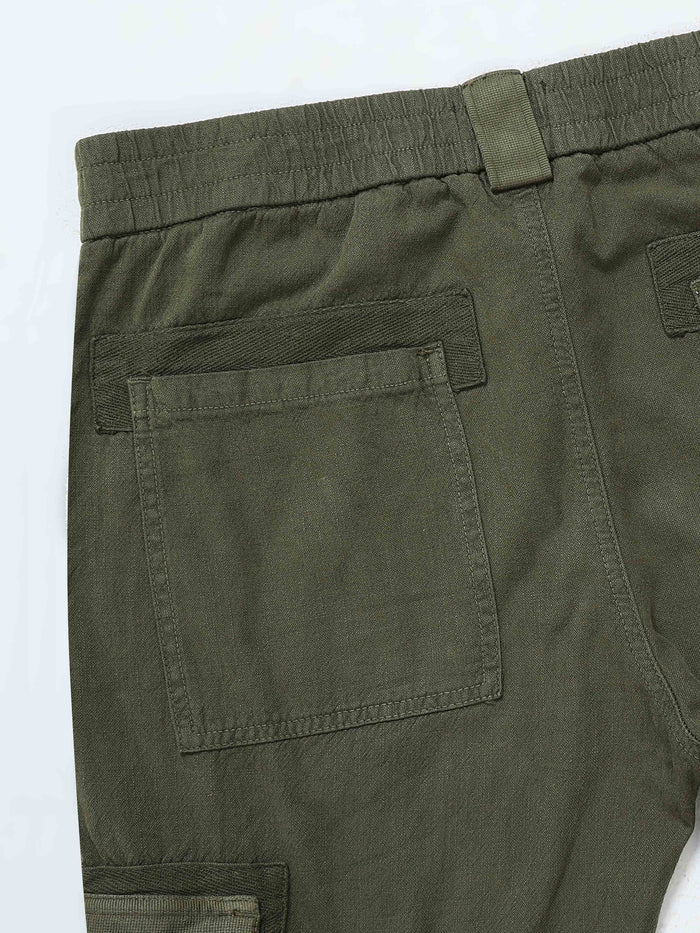 Olive Linen Cargo Pants for Men detail view - Nomade Utility Linen Cargo by Italian Colony