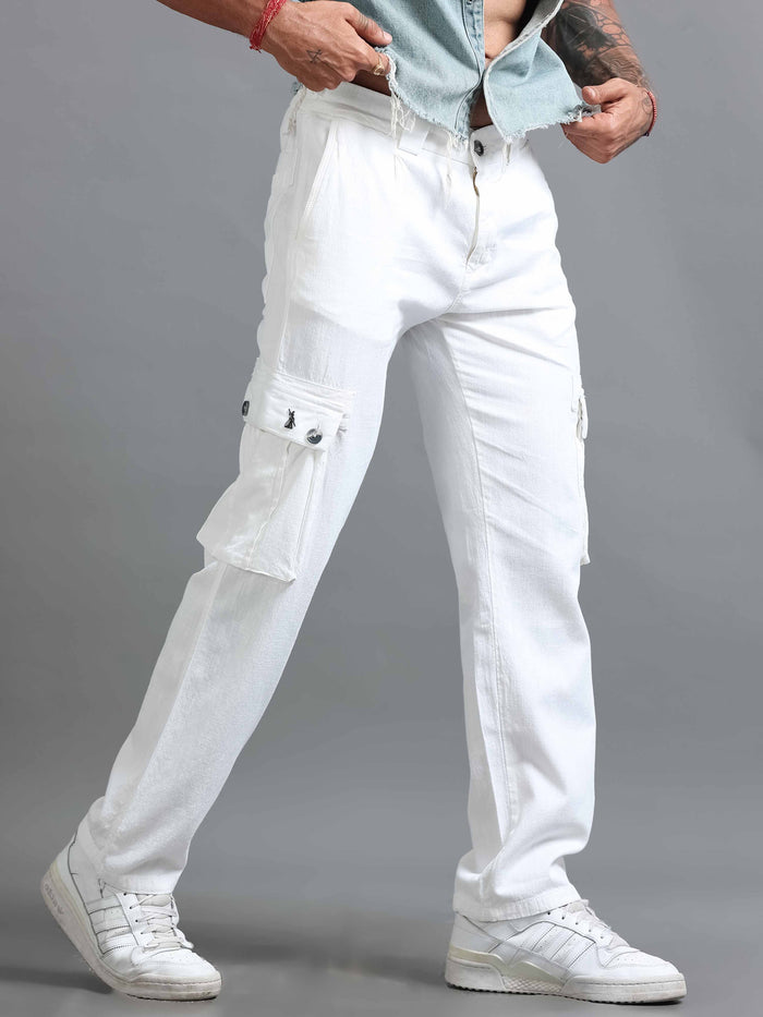 White Linen Cargo Pants for Men front view - Nomade Utility Linen Cargo by Italian Colony