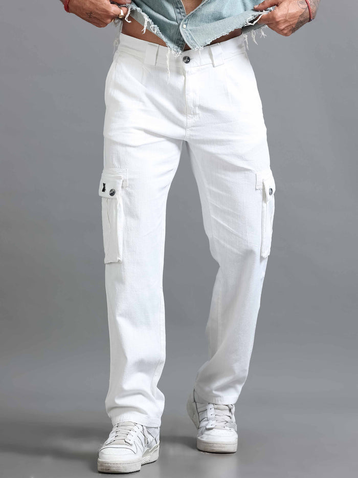 White Linen Cargo Pants for Men detail view - Nomade Utility Linen Cargo by Italian Colony