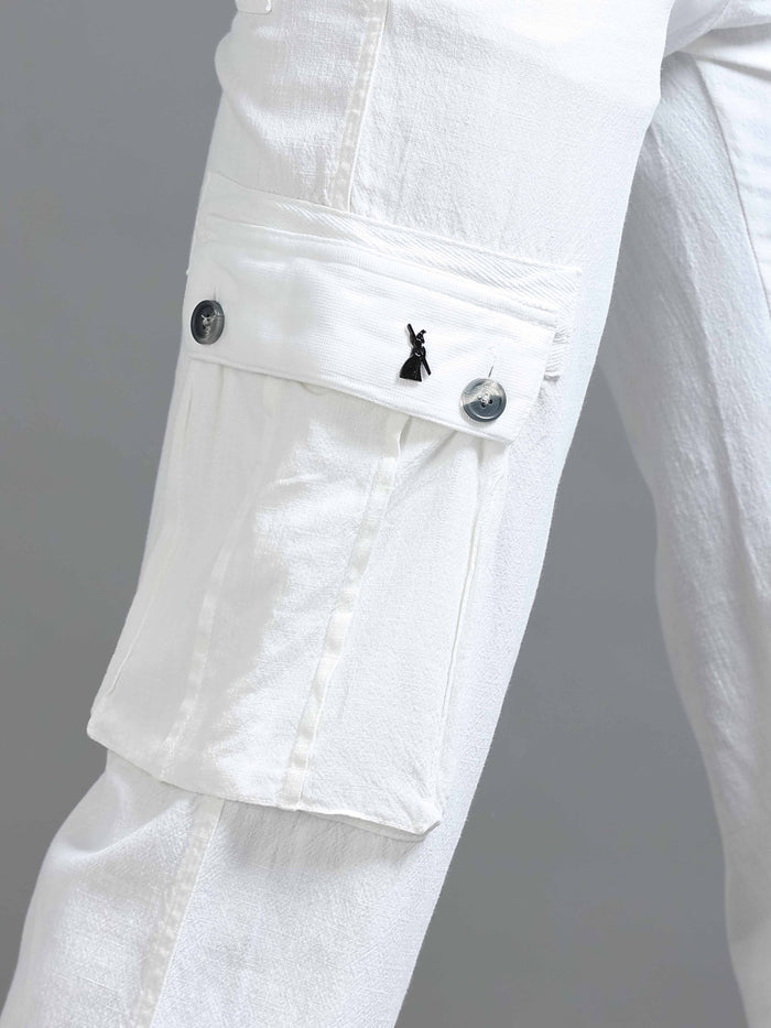 White Linen Cargo Pants for Men detail view - Nomade Utility Linen Cargo by Italian Colony