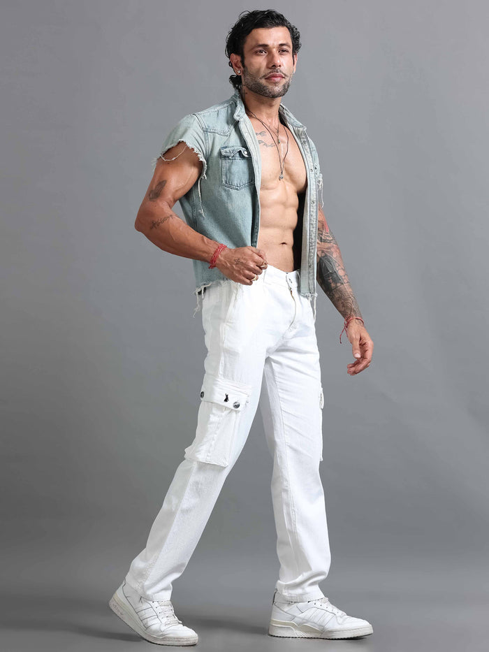 White Linen Cargo Pants for Men detail view - Nomade Utility Linen Cargo by Italian Colony