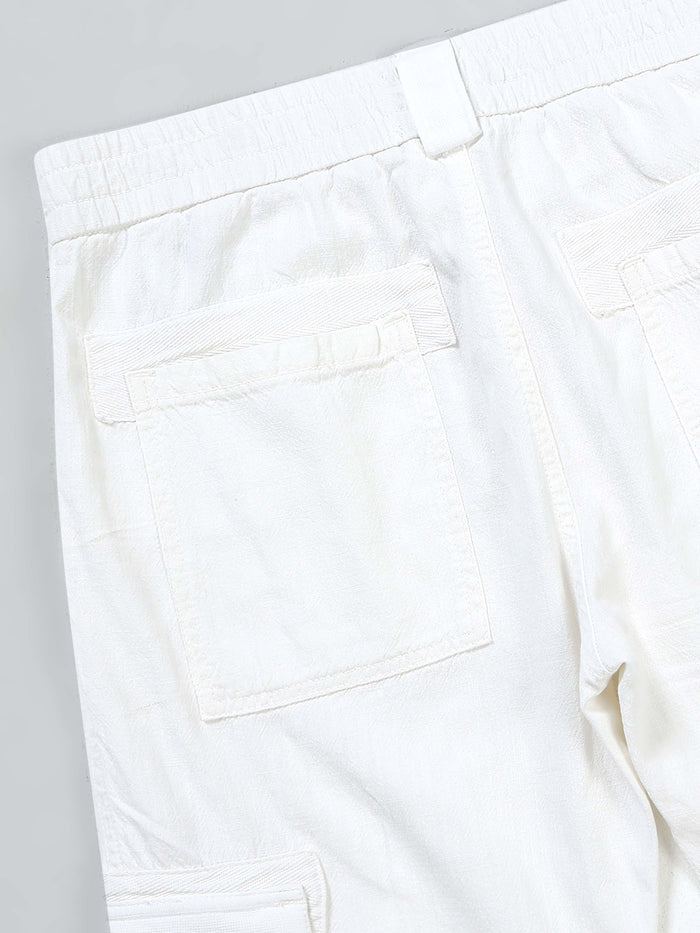 White Linen Cargo Pants for Men detail view - Nomade Utility Linen Cargo by Italian Colony
