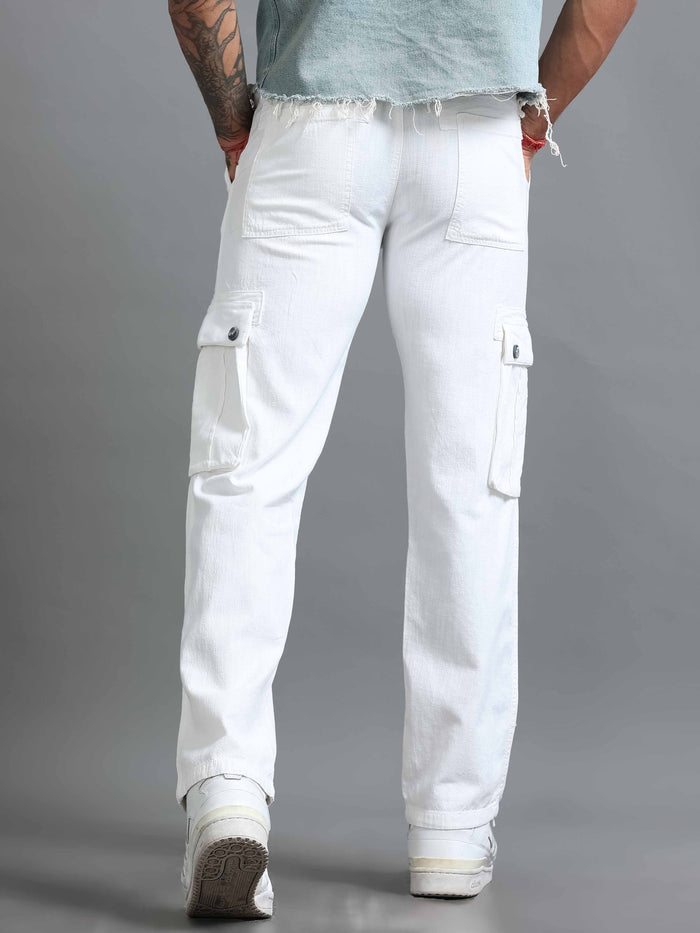 White Linen Cargo Pants for Men detail view - Nomade Utility Linen Cargo by Italian Colony