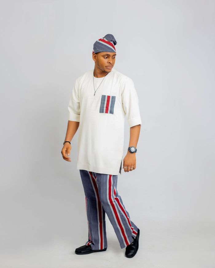 Nuru Men’s Aso Oke Pants Set – Navy Stripe