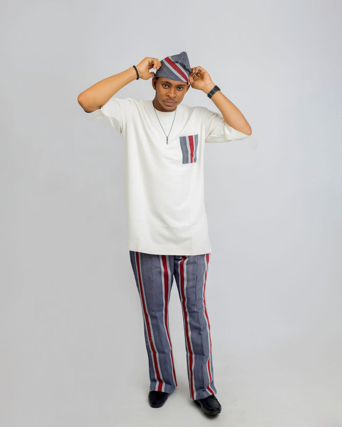 Nuru Men’s Aso Oke Pants Set – Navy Stripe