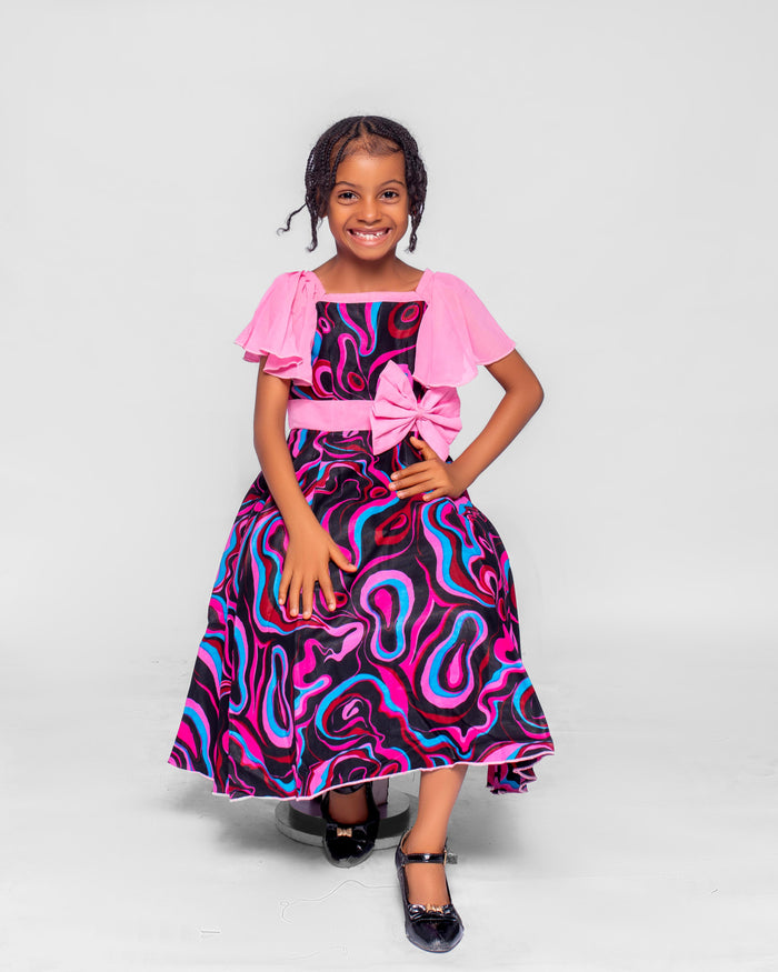 Nwaka Girls African Dress (in Pink Pleated Sleeves, Bow)