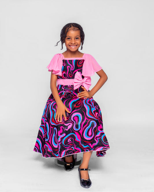 Nwaka Girls African Dress (in Pink Pleated Sleeves, Bow)