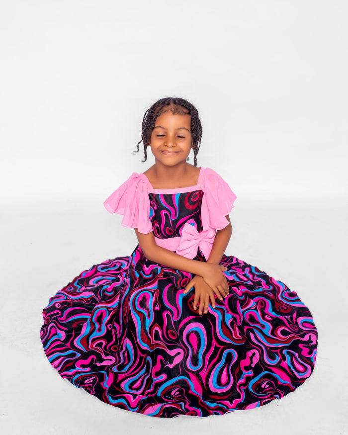 Nwaka Girls African Dress (in Pink Pleated Sleeves, Bow)