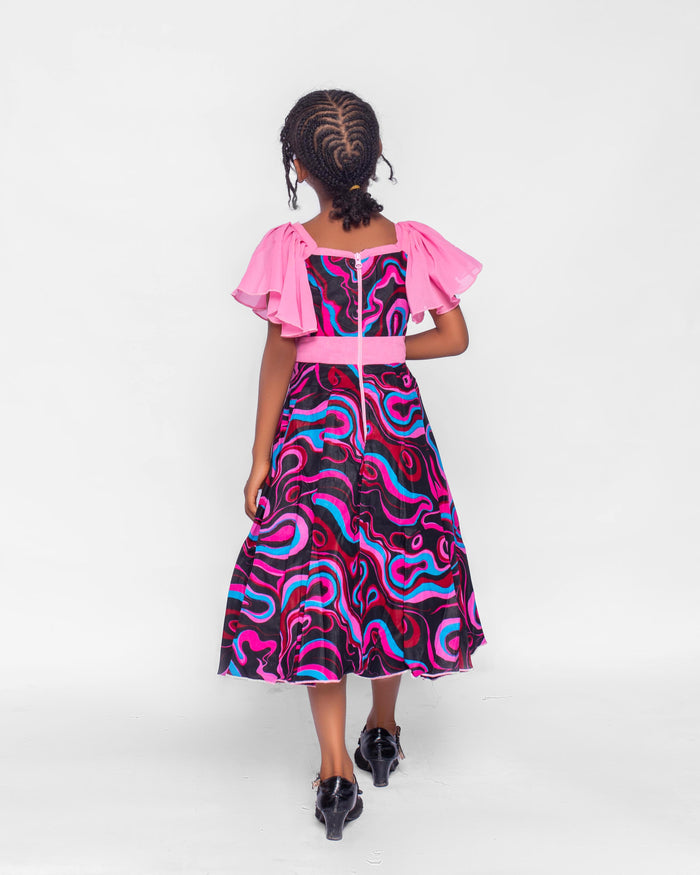 Nwaka Girls African Dress (in Pink Pleated Sleeves, Bow)