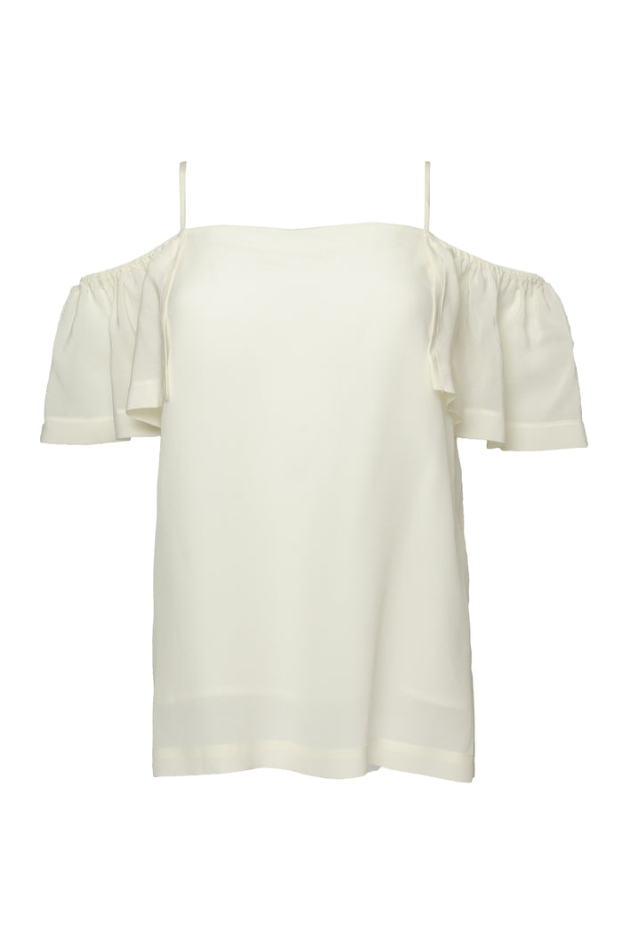 The Off- Shoulder Silk Cami Top in dove.