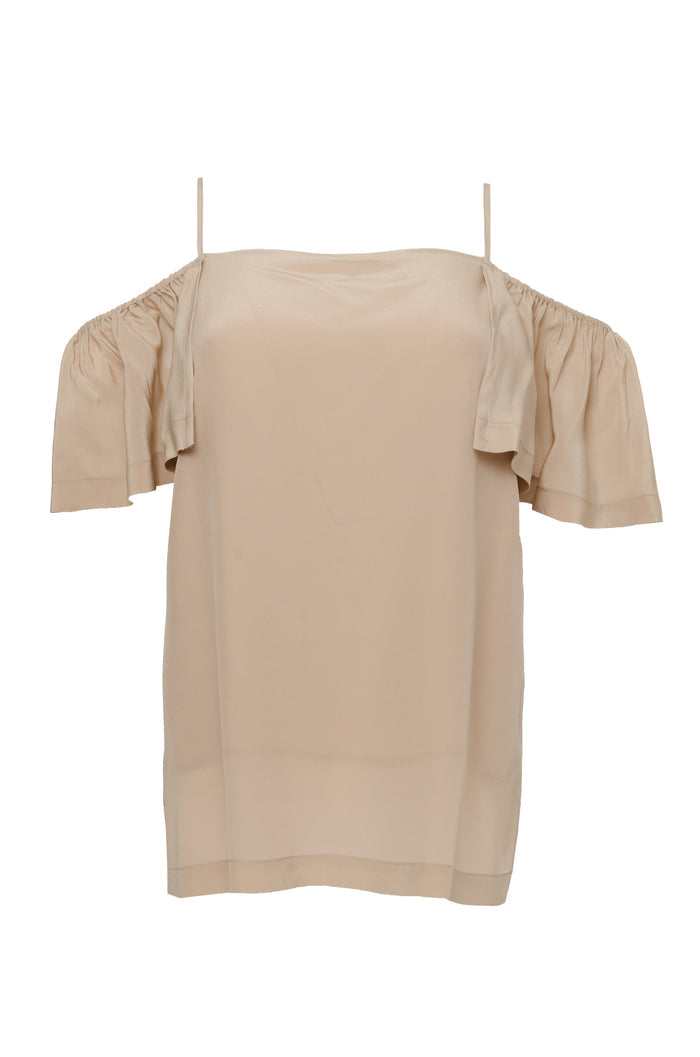 The Off- Shoulder Silk Cami Top in sand shell.