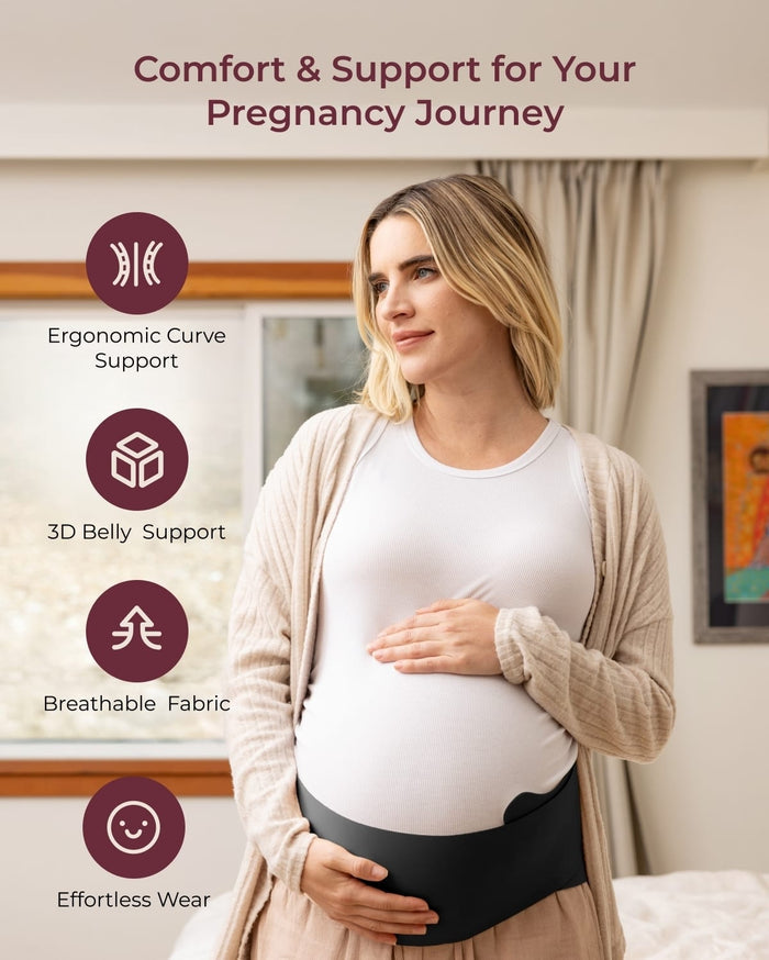 Momcozy Maternova belly band in dark grey on pregnant model. Features ergonomic support, breathable fabric, easy wear.