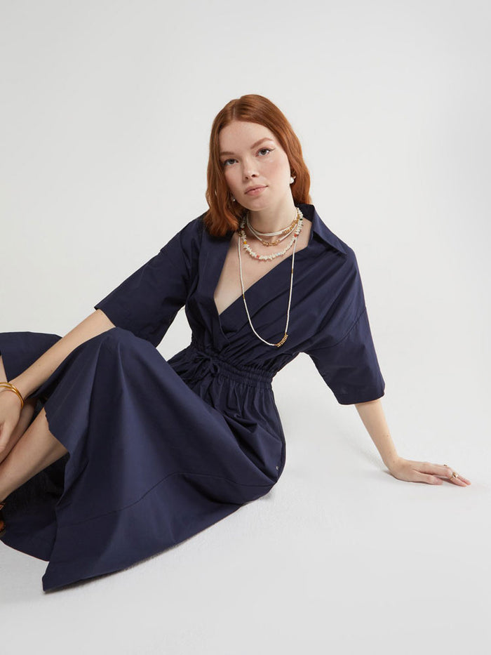 Ottod'Ame Poplin Midi Dress with Drawstring Blue