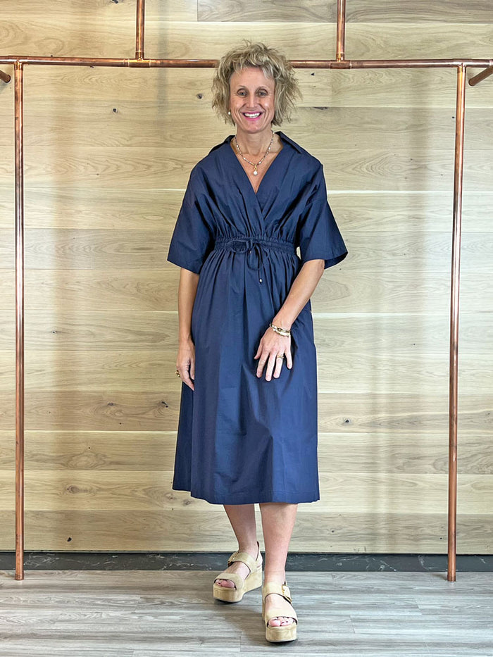 Ottod'Ame Poplin Midi Dress with Drawstring Blue