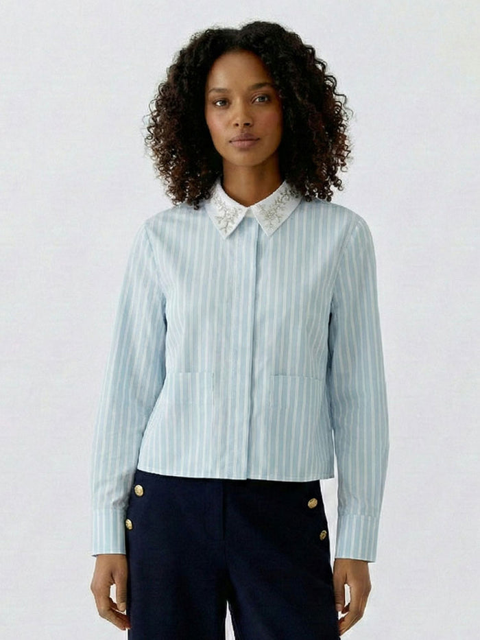 Oui Embellished Collared Blouse Blue & White