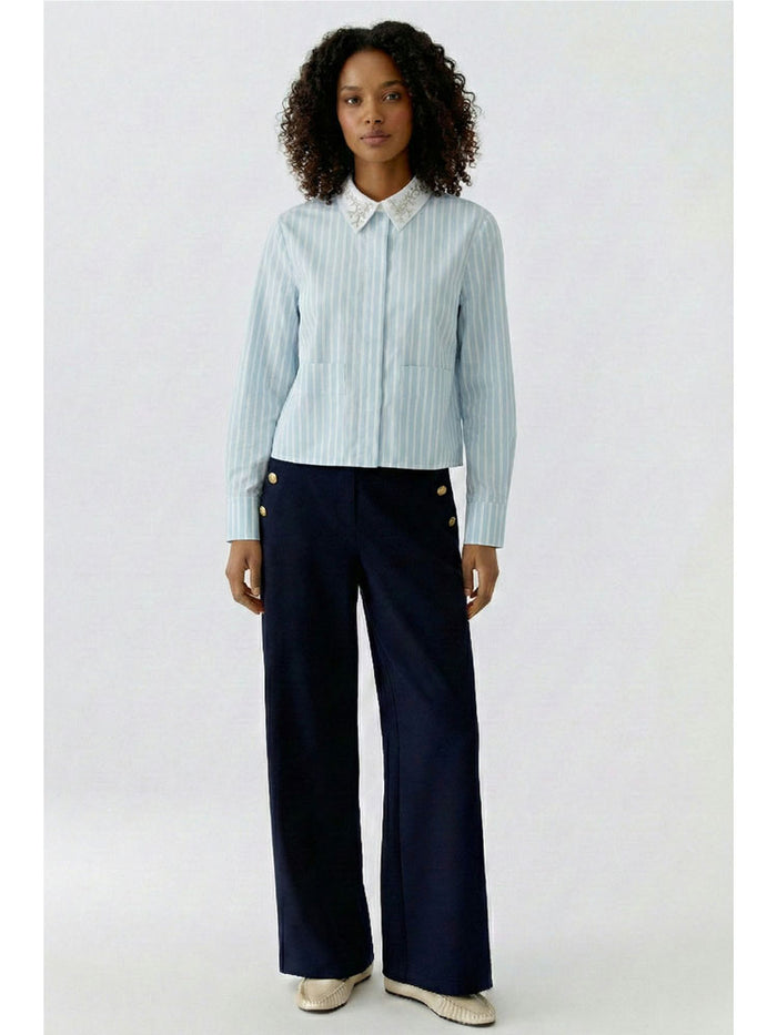 Oui Embellished Collared Blouse Blue & White