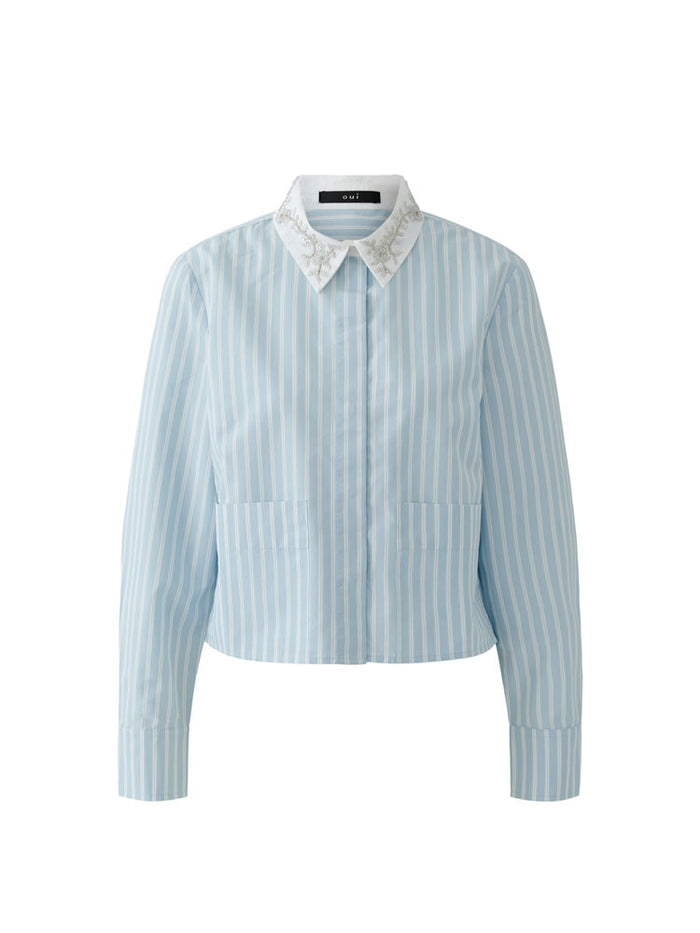 Oui Embellished Collared Blouse Blue & White
