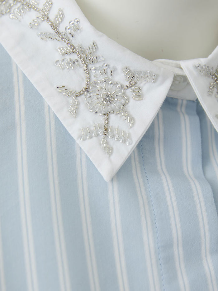 Oui Embellished Collared Blouse Blue & White