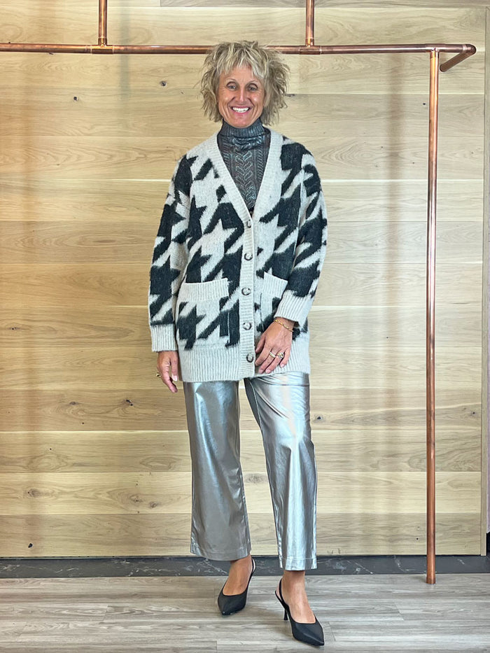 Oui Houndstooth Patterned Cardigan White & Black