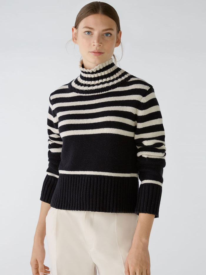 Oui Striped Funnel Neck Jumper Black & Off White