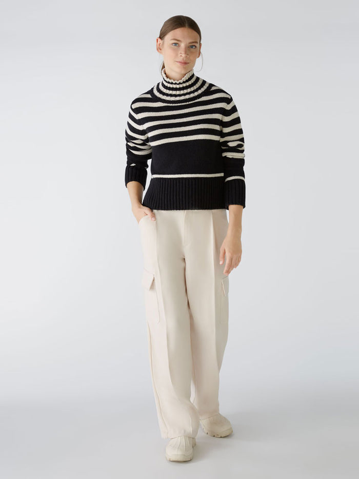 Oui Striped Funnel Neck Jumper Black & Off White