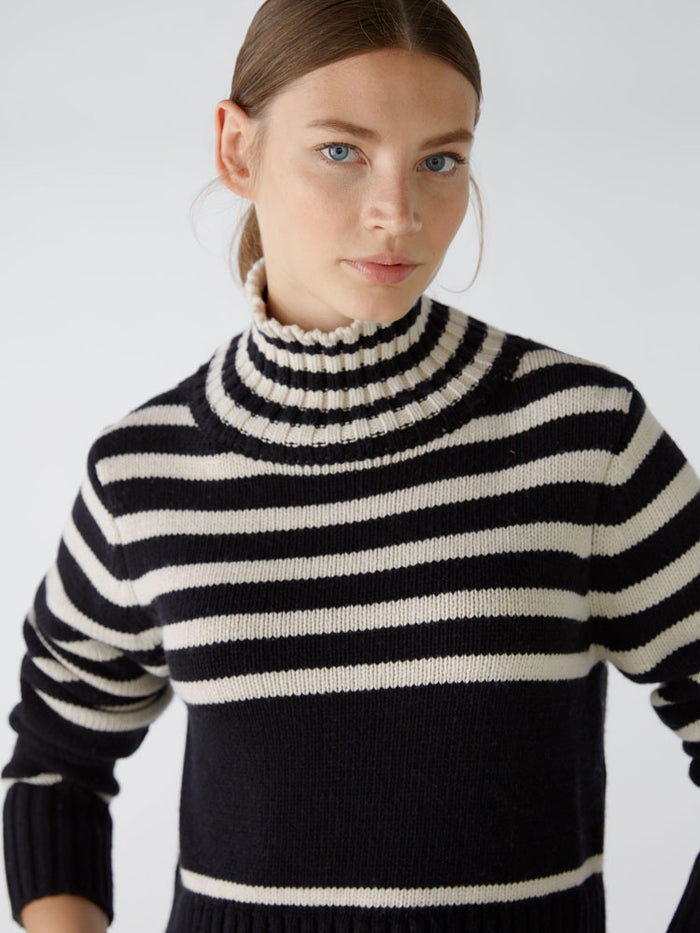 Oui Striped Funnel Neck Jumper Black & Off White