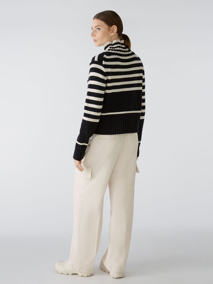 Oui Striped Funnel Neck Jumper Black & Off White