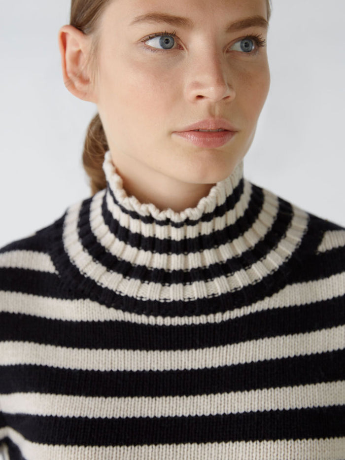 Oui Striped Funnel Neck Jumper Black & Off White