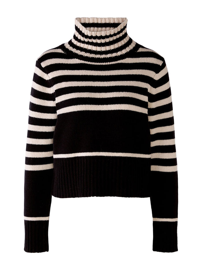 Oui Striped Funnel Neck Jumper Black & Off White
