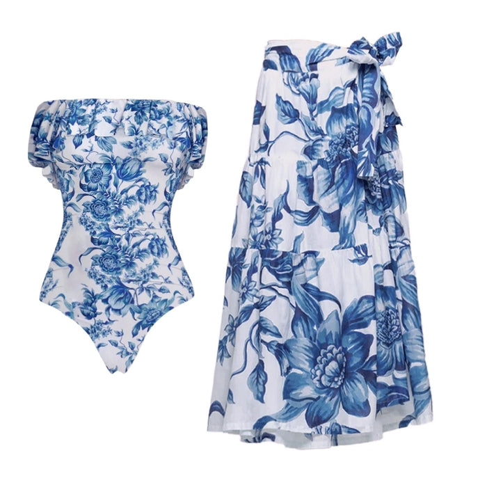 Pacific Tube Swimsuit Wrap Skirt Set  - Blue