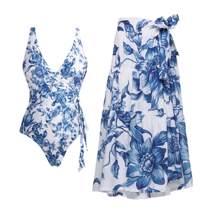 Pacific V-Neck Swimsuit Wrap Skirt Set  - Blue