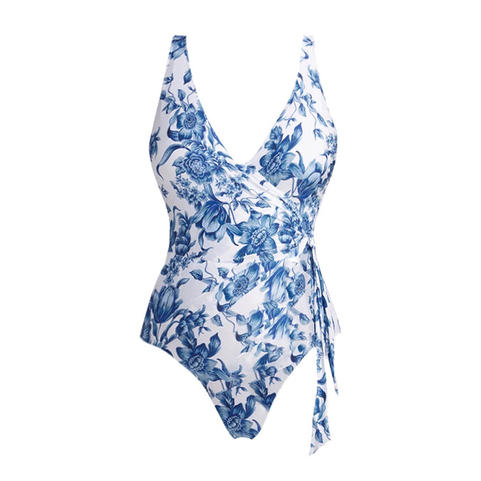Pacific V-Neck Swimsuit Wrap Skirt Set  - Blue