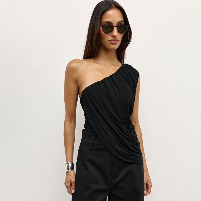 Pamela One Shoulder Mesh Top - Black