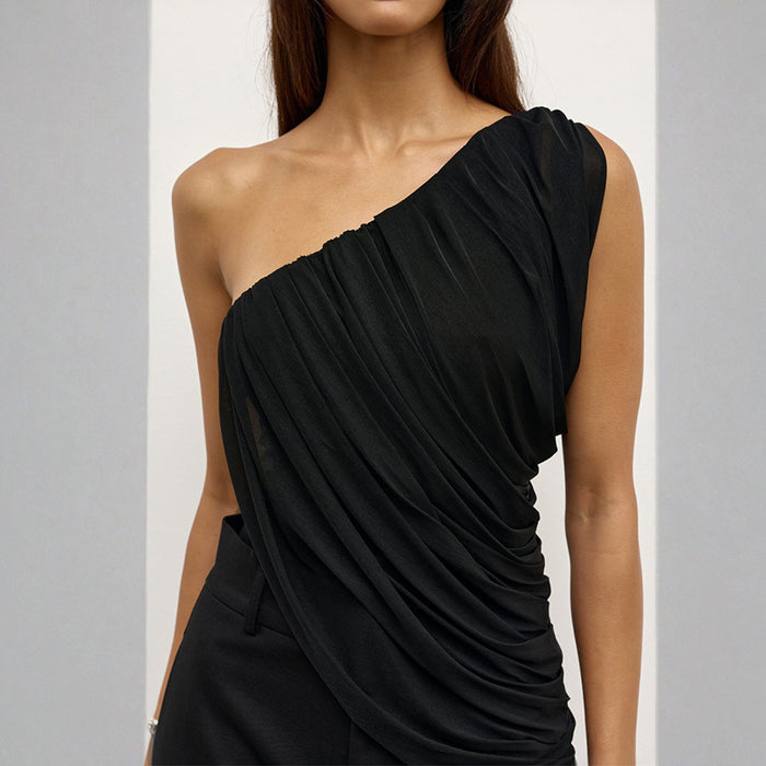 Pamela One Shoulder Mesh Top - Black