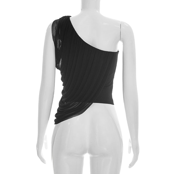 Pamela One Shoulder Mesh Top - Black