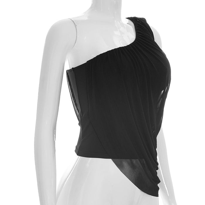 Pamela One Shoulder Mesh Top - Black