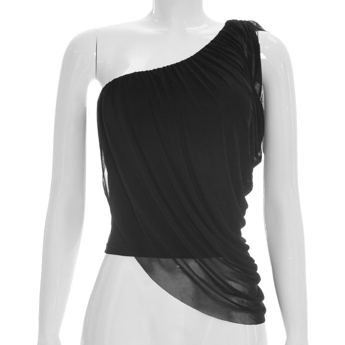 Pamela One Shoulder Mesh Top - Black