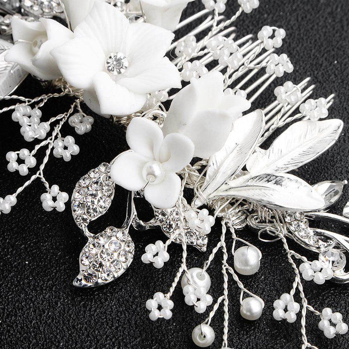Pearl beaded hair comb Handmade ceramic flower comb 589015686895 - COCOMELODY