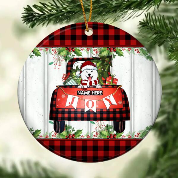Personalised Joy Red Plaid Pattern Circle Ceramic Ornament - Personalized Dog Lovers Decorative Christmas Ornament