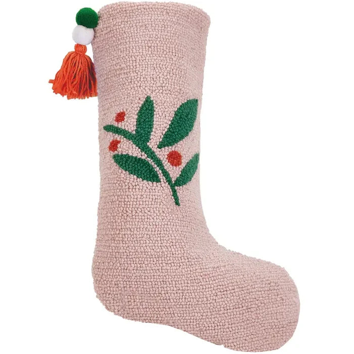 Pink Holly Berries Embroidered Stocking