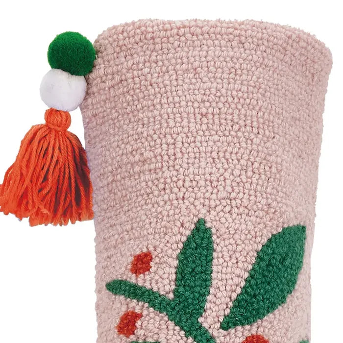 Pink Holly Berries Embroidered Stocking