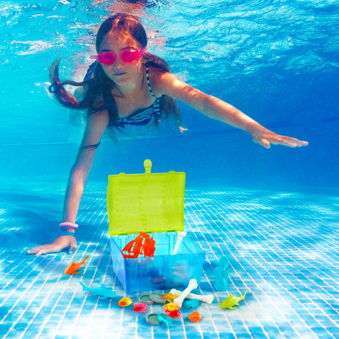 Toy treasure chest with pirate-themed pool toys.IPool and diving toys, including pretend gems, coins, bones, and more.IBlue and green toy treasure chest with pirate-themed pool toys.
