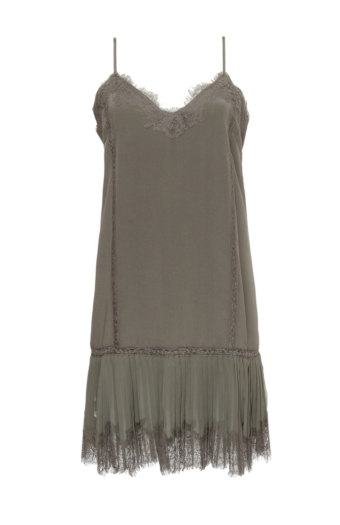 The Pleates Lace Silk Dress in steeple grey.