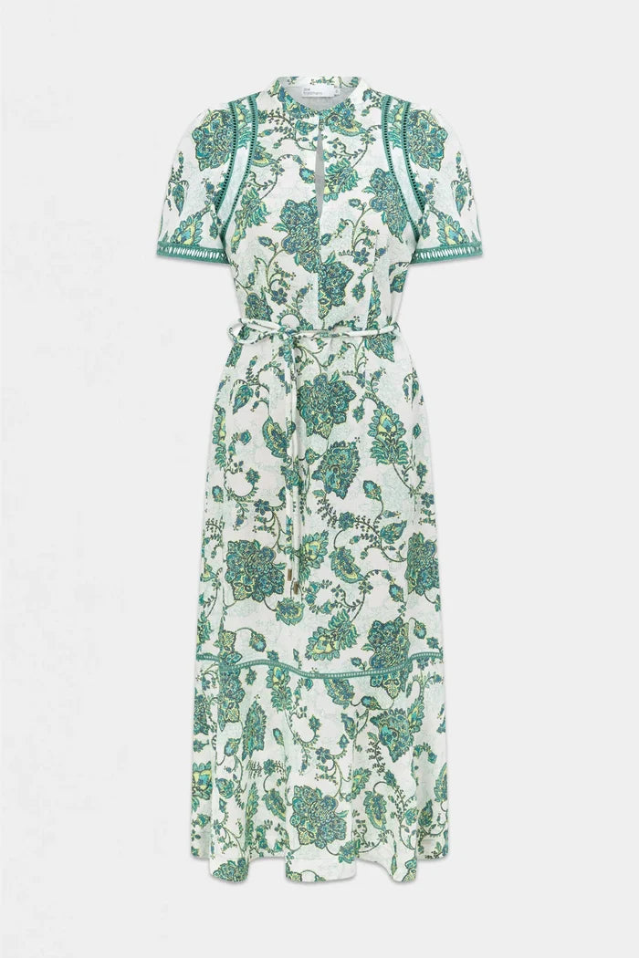 A short-sleeve midi dress with a green and teal floral and botanical print on a white background, featuring a tie waist and embroidered detailing on the shoulders and sleeves, shown against a light gray background.