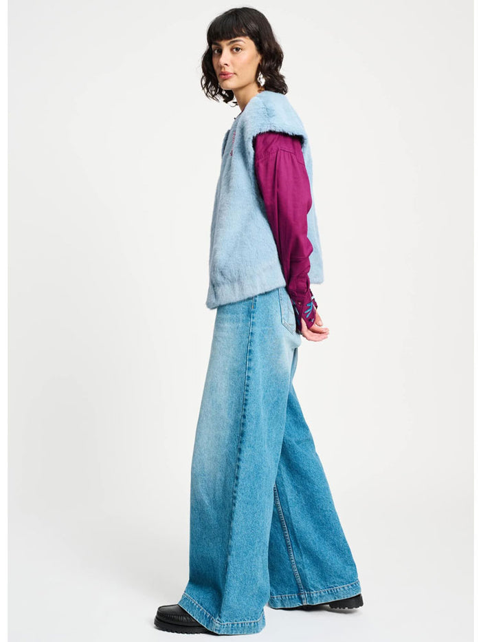 Pom Faux Fur Gilet Blue