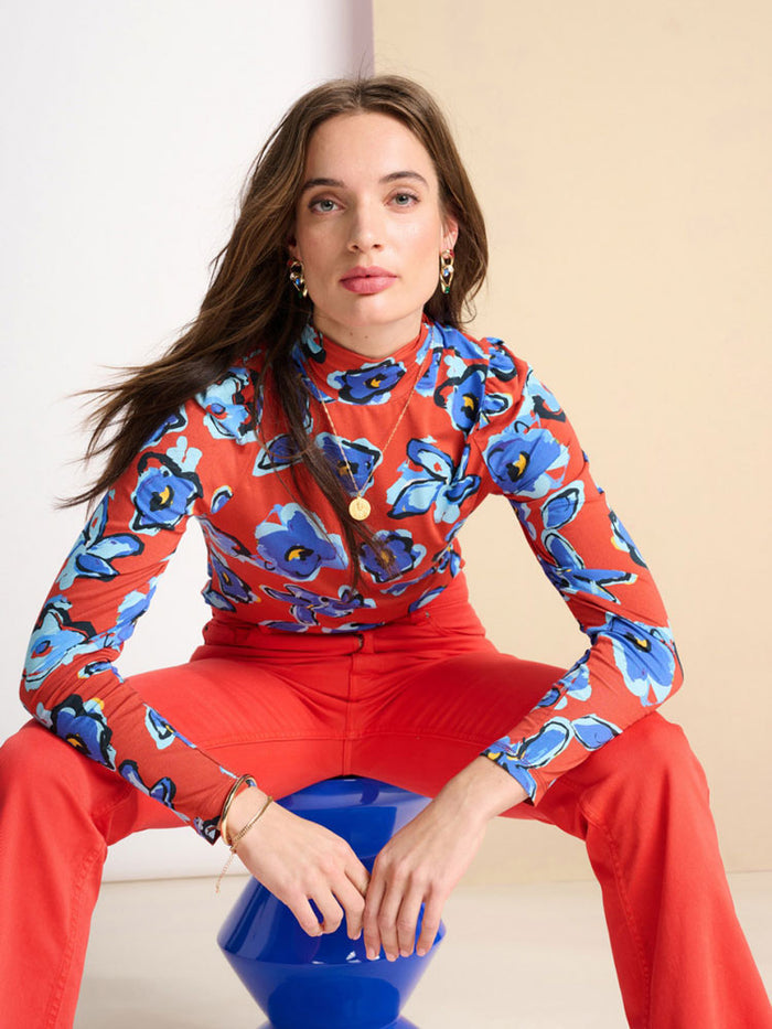 Pom Turtleneck Top Flower Glory Red