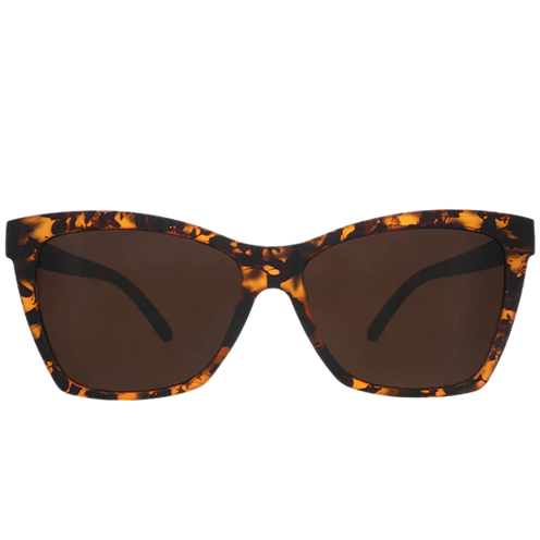 Sunglasses with tortoiseshell frame and brown lenses on a white background