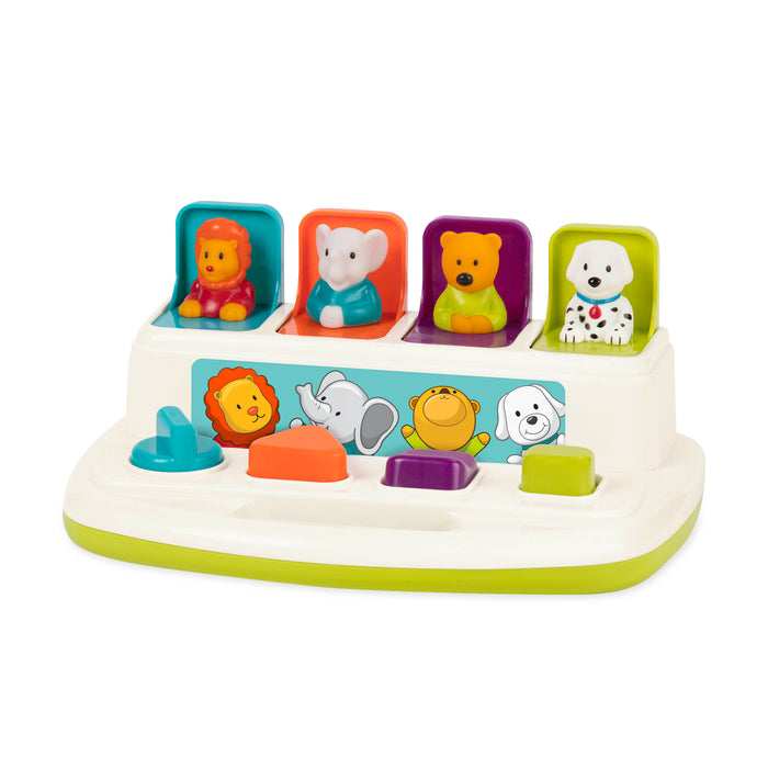 A pop up toy with 4 animals, a lion, elephant, bear, and dog.